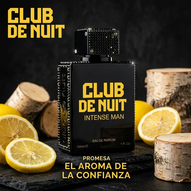 Frasco negro de Armaf Club de Nuit Intense Man con limones y madera