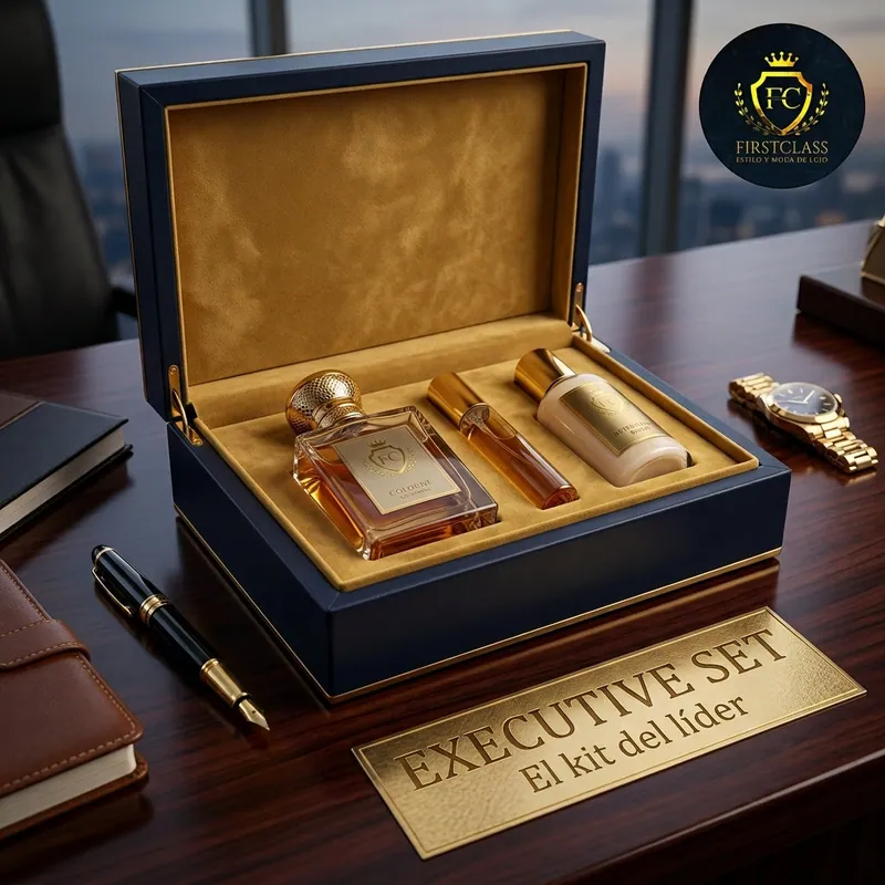 Estuche abierto del First Class Executive Set con tres decants y el atomizador ejecutivo
