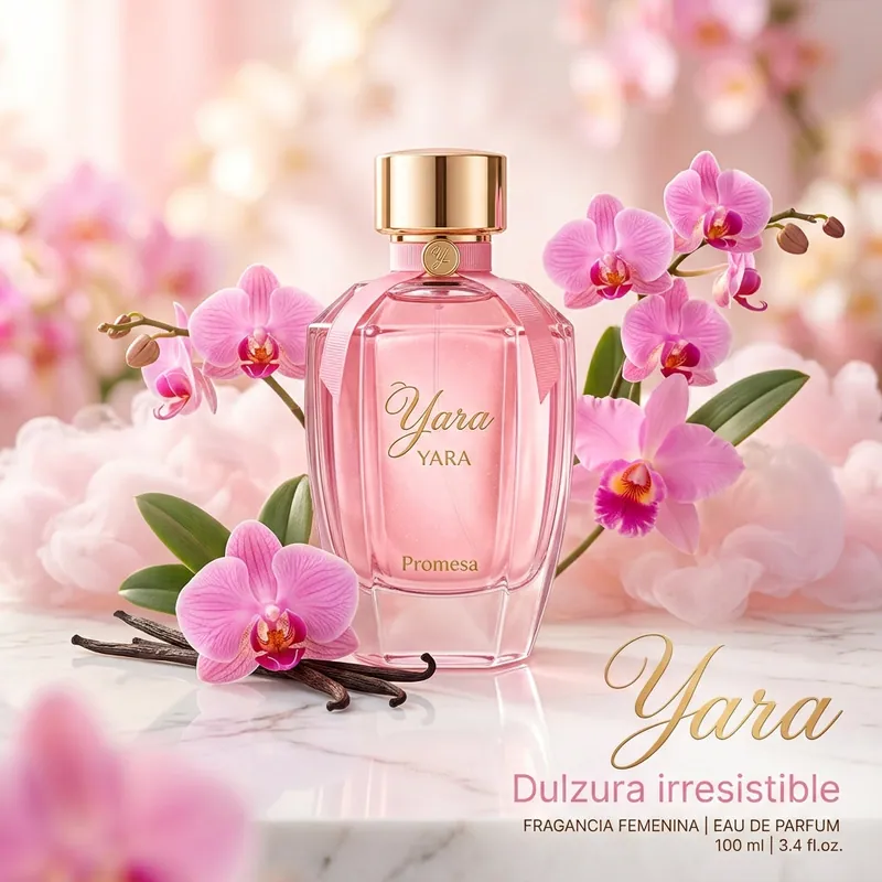 Frasco rosado de Lattafa Yara sobre mármol, rodeado de orquídeas y vainas de vainilla