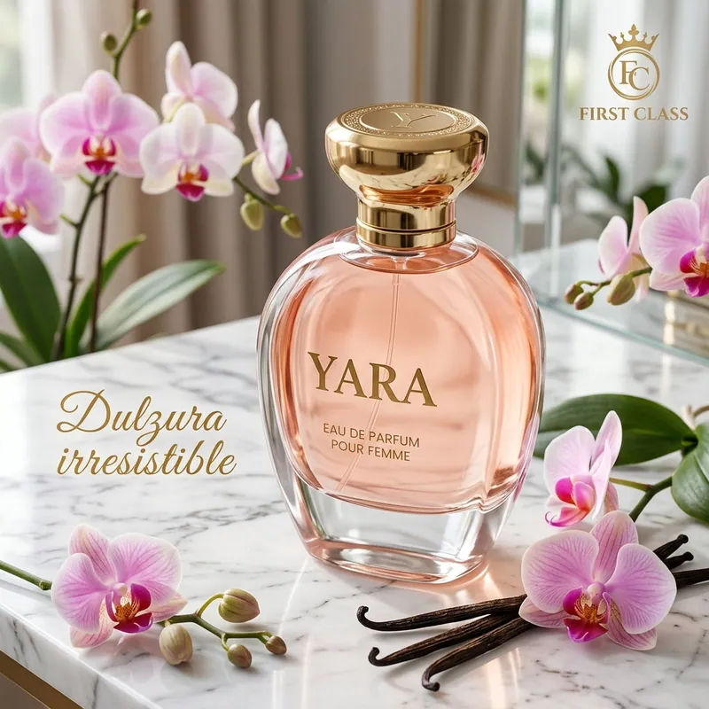 Lattafa Yara entre orquídeas rosadas con fondo de flores